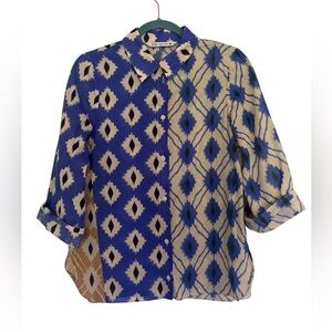 Zara Geometric Blue and Cream Button Down Shirt